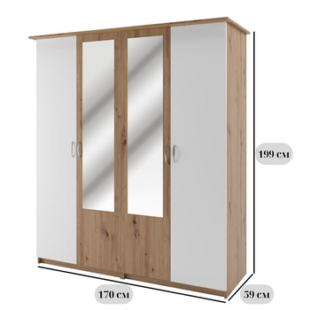 Четырёхдверный распашной шкаф с зеркалом Кім шириной 170 см из дуба артизан с белыми вставками для спальни