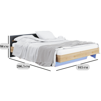 Двуспальная кровать с подсветкой Б'янко из дуба артизан, размер 160х200 см, с вставками графита и ламелями, без матраса