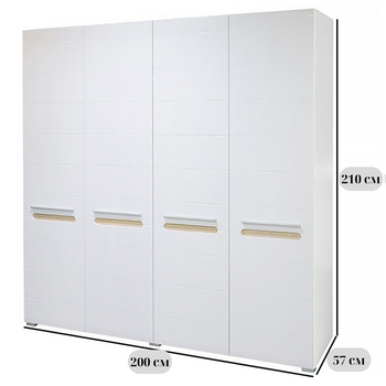 Четырехдверный шкаф без зеркала Бьянко белый глянцевый, 4Д, 200 см, с вставками дуб сонома, для спальни