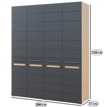 Четырехдверный раздвижной шкаф Бьянко дуб артизан, 4Д, 200 см, с вставками графит, в стиле модерн, для спальни