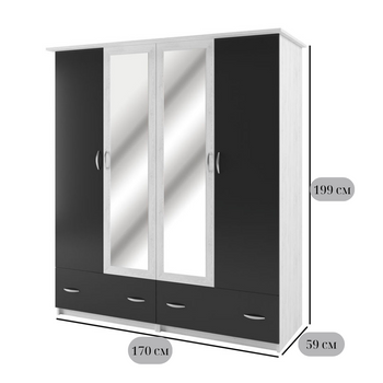Четырехдверный шкаф с зеркалами Соня шириной 170 см, изготовлен из светлого артвуда с вставками антрацита и выдвижными ящиками для спальни
