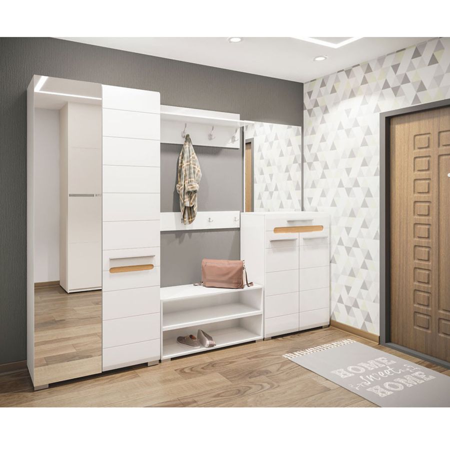 Белая глянцевая мебель для прихожей Б'янко шириной 270 см с вставками из дуба сонома в стиле модерн
