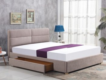 Ліжко двоспальне дерев'яне з м'яким узголів'ям і висувним ящиком Merida 160x200 тканину бежева Halmar Польща (з каркасом, без матраца)