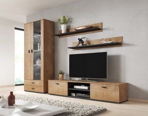 Сучасна стінка під телевізор у вітальню, в зал Cama Soho 8 192x260x43 Дуб Лефкас/Чорний мат фото - artos.in.ua
