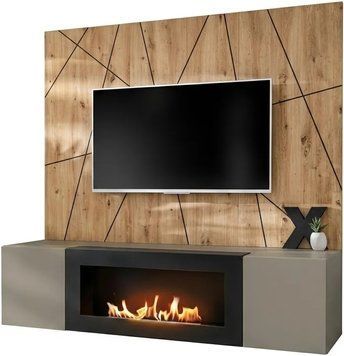 Стенка в гостиную с биокамином ASM XARI G2-K SGAS XR G2-K, серая глина, Artisan, черные полосы фото - artos.in.ua