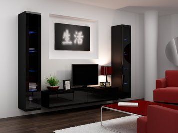Стенка в зал с витриной Cama Vigo 5 180x260x42 Черный мат/Черный глянец фото - artos.in.ua