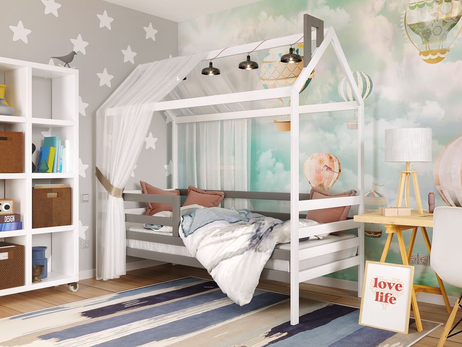 Дитяче ліжко в дитячу кімнату Хатинка Том ARBOR DREV Білий / Сірий