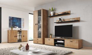 Стінка у вітальню з вітриною Cama Soho 9 192x260x43 Дуб Лефкас/Чорний мат фото - artos.in.ua