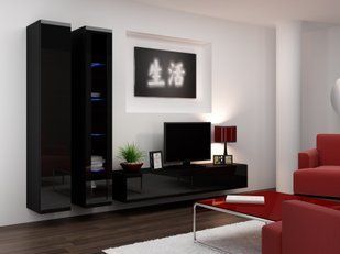 Стінка у вітальню Cama Vigo 3 із системою пуш-клік 180x260x42 Чорний мат/Чорний глянець фото - artos.in.ua