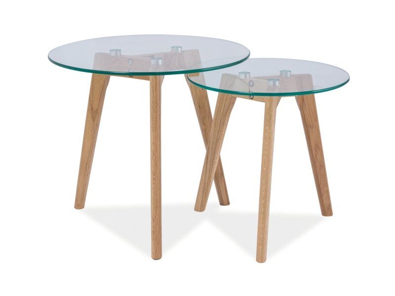 Скляний столик SIGNAL OSLO S2 - набір із 2 Прозорий на трьох дерев'яних ніжках блат скло