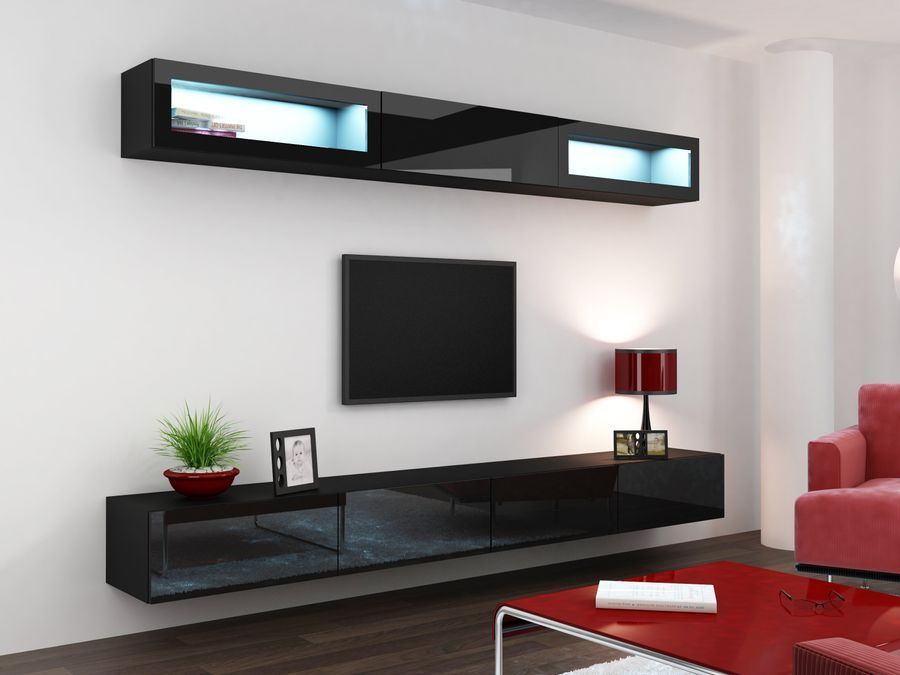 Стінка у вітальню Cama Vigo 11 лакована 180x280x42 Чорний мат/Чорний глянець фото - artos.in.ua