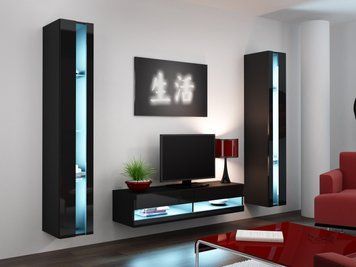 Стінка у вітальню CAMA VIGO NEW 12, 220 см &mdash; Чорний мат / Чорний глянець фото - artos.in.ua