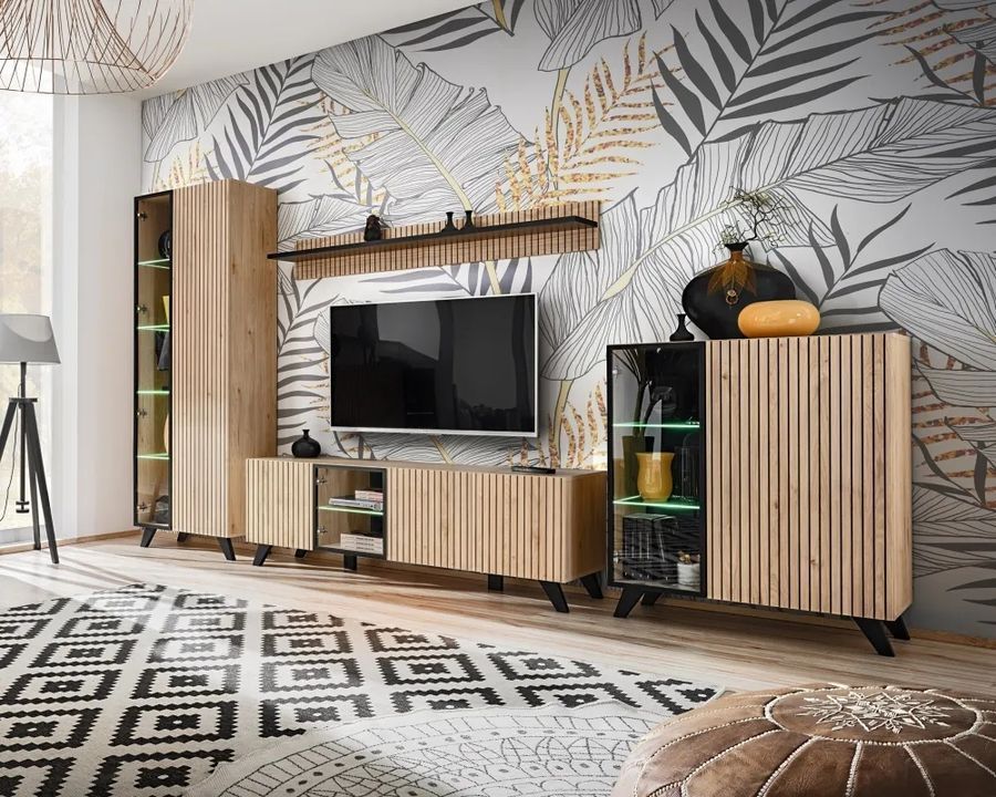 Стенка в гостиную ASM Liam HJZ LM, 320 см, Hickory Jackson / черные полосы, LED фото - artos.in.ua