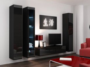 Стінка у вітальню Cama Vigo 15 в стилі хай-тек 180x260x42 Чорний мат/Чорний глянець фото - artos.in.ua