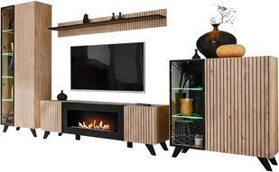 Стінка у вітальню з біокаміном ASM Liam HJZ LM-K, 320 см, Hickory Jackson / чорні смуги, LED фото - artos.in.ua