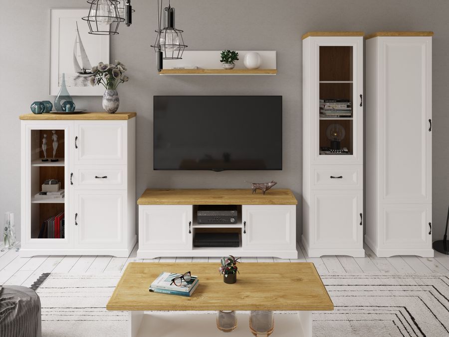 Тумба під телевізор VMV Holding Riva RTV 2D 150 см, білий/дуб харбор золотий фото - artos.in.ua