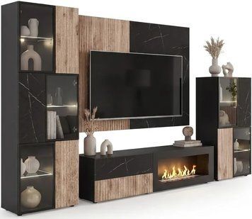 Стенка в гостиную с биокамином ASM CANNES 2 R-K ZMWDV CS2R-K, 280 см, LED фото - artos.in.ua