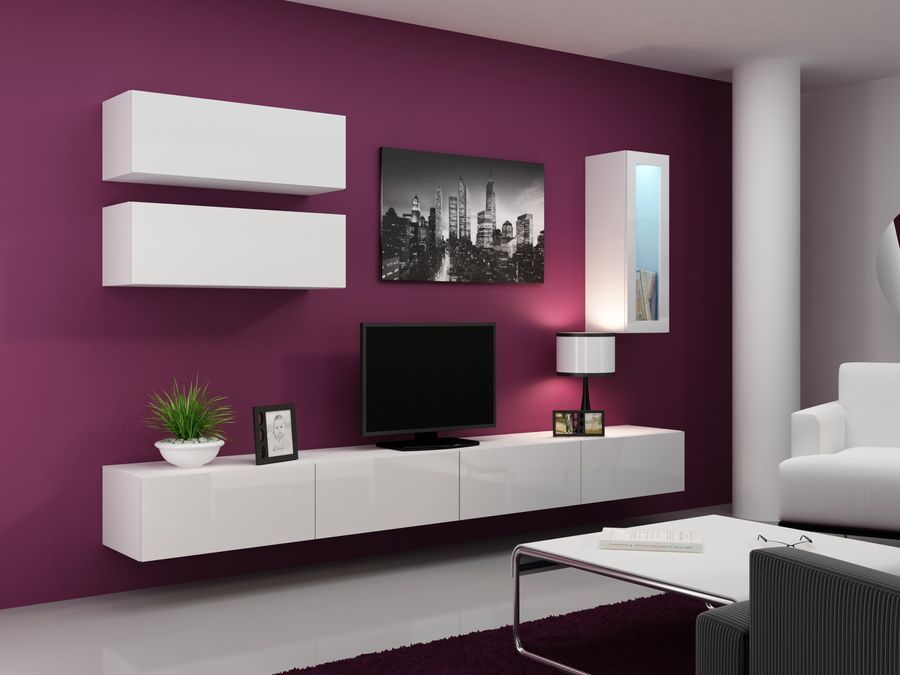Стенка в зал с витриной Cama Vigo 12 180x280x42 Белый мат/Белый глянец фото - artos.in.ua