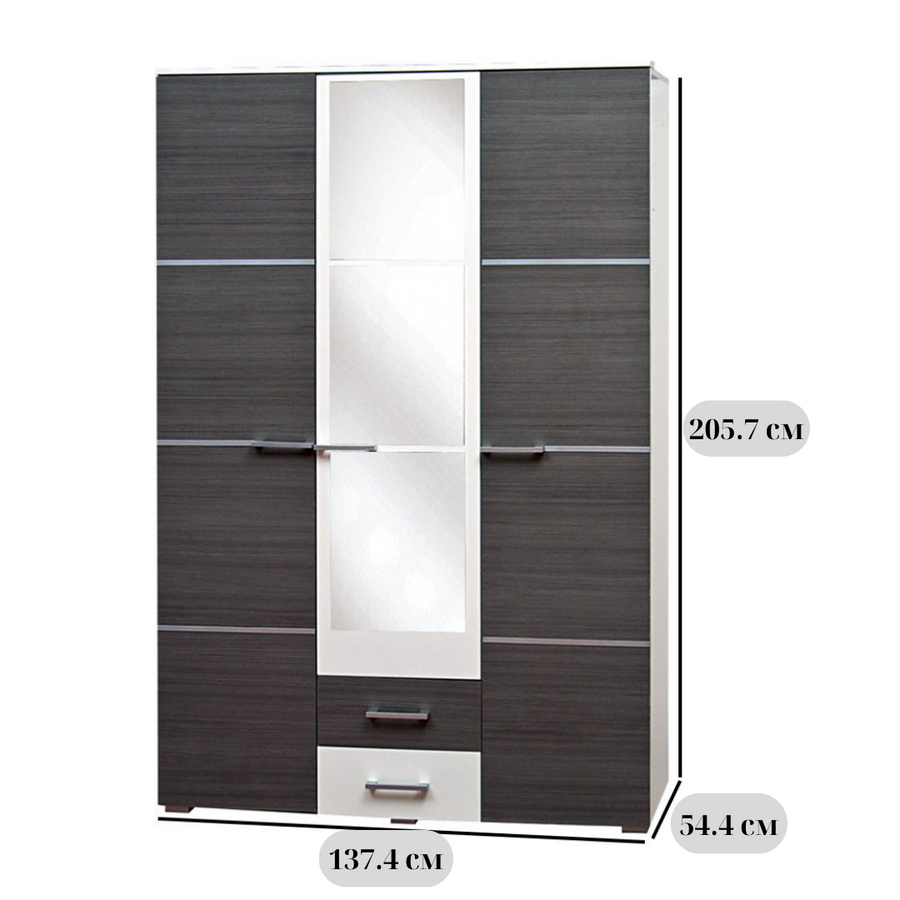 Трёхдверный распашной шкаф Круїз 3Д шириной 137,4 см, белый с фасадом дакар и зеркалом, для спальни