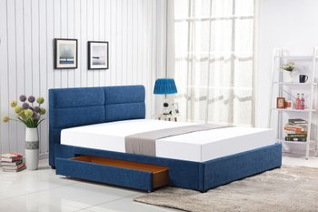 Кровать двуспальная деревянная с мягким изголовьем и выдвижным ящиком Merida 160x200 ткань синяя Halmar Польша (с каркасом, без матраса)