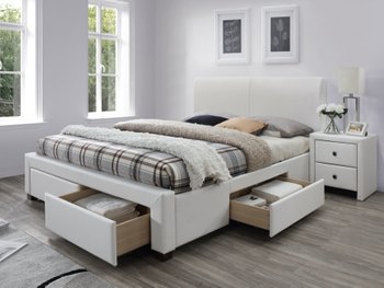 Кровать двуспальная деревянная с мягким изголовьем и выдвижными ящиками Modena 2 160x200 экокожа белая Halmar Польша (с каркасом, без матраса)