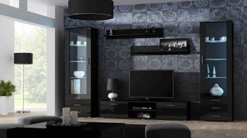 Стенка гостиная Cama Soho 4 в стиле хай-тек 192x300x43 Черный мат/Черный глянец фото - artos.in.ua