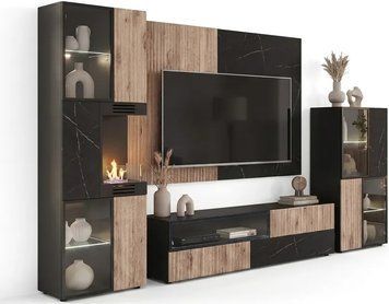 Стенка в гостиную с биокамином ASM CANNES 2 W-K ZMWDV CS2W-K, 280 см, LED фото - artos.in.ua