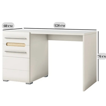 Белый глянцевый письменный стол Б'янко размером 128х60 см с вставками из дуба сонома и тумбой, предназначен для комнаты подростка