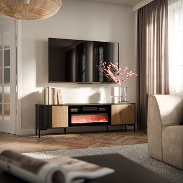 Тумба під телевізор CAMA MERCI 180 EF дуб артизан / чорний, з каміном фото - artos.in.ua
