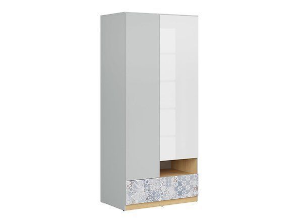 Шкаф BRW Nandu S441-SZF2D1S-JSZ/DP/BIP/ARK, светло-серый/полированный дуб/белый глянцевый/арабески, из Польши фото - artos.in.ua