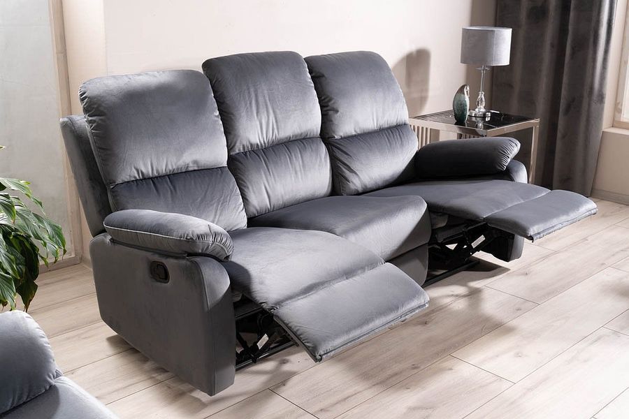 Диван з оксамитовою оббивкою з функцією релаксу SPENCER 3 Velvet Signal - Bluvel сірий 14 фото - artos.in.ua