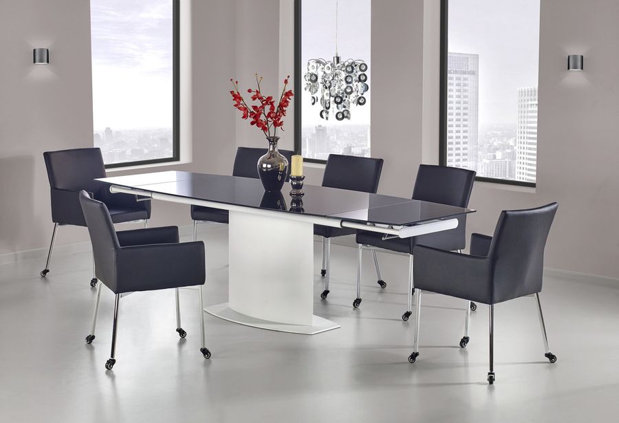 Стол обеденный раскладной в гостиную, кухню Anderson 160(250)x90 стекло черный/сталь белый Halmar Польша