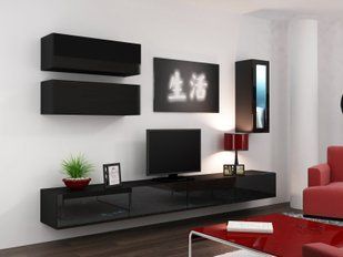 Стінка у вітальню, в зал Cama Vigo 12 в стилі хай-тек 180x280x42 Чорний мат/Чорний глянець фото - artos.in.ua