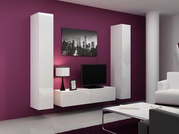 Стенка в зал с витриной Cama Vigo 9 180x220x42 Белый мат/Белый глянец фото - artos.in.ua