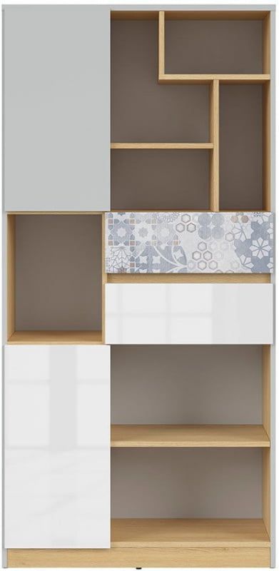 Стеллаж BRW Nandu S441-REG2D2S-JSZ/DP/BIP/ARK, светло-серый, дуб польский, белый глянцевый, арабеска фото - artos.in.ua