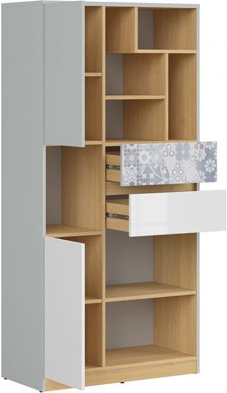 Стеллаж BRW Nandu S441-REG2D2S-JSZ/DP/BIP/ARK, светло-серый, дуб польский, белый глянцевый, арабеска фото - artos.in.ua