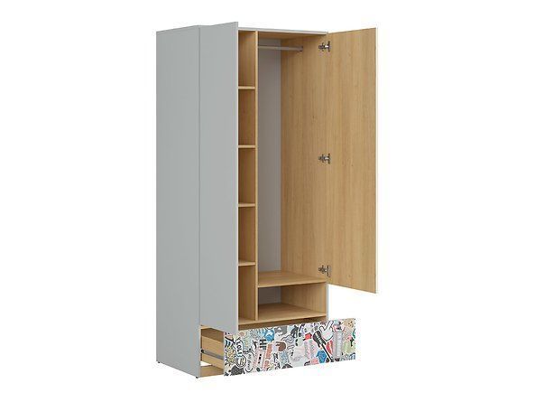 Шкаф BRW Nandu S441-SZF2D1S-JSZ/DP/BIP/SCR, светло-серый/дуб глянцевый/белый глянцевый/наклейка, из Польши фото - artos.in.ua
