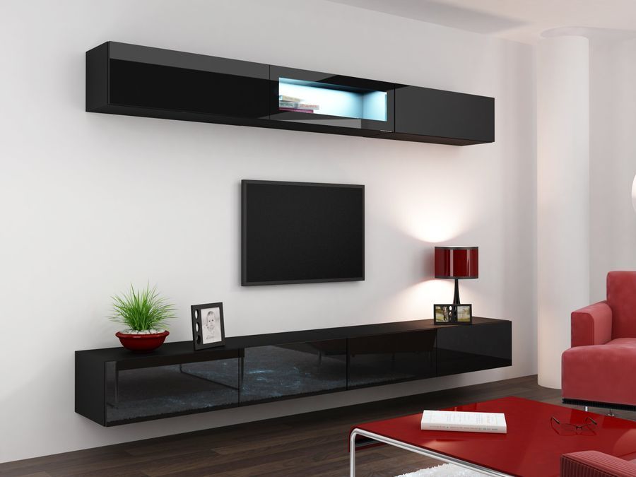 Стінка у вітальню, в зал Cama Vigo 12 в стилі хай-тек 180x280x42 Чорний мат/Чорний глянець фото - artos.in.ua