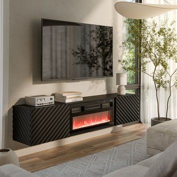 Навісна тумба під телевізор CAMA LARA 180 &mdash; чорний мат, з електрокаміном фото - artos.in.ua