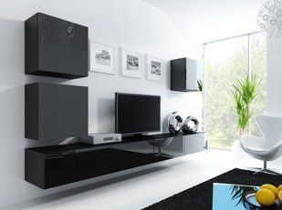 Стінка у вітальню, в зал з вітриною Cama Vigo 22 180x280x42 Чорний мат/Чорний глянець фото - artos.in.ua