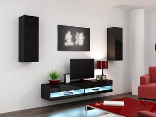 Сучасна Стінка в зал, у вітальню з пеналом Cama Vigo New 10 80x250x42 Чорний мат/Чорний глянець фото - artos.in.ua