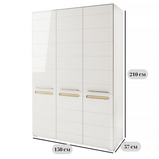 Біла глянцева трьохдверна шафа без дзеркала Б'янко 3Д, 150 см, з вставками з дуба сонома, призначена для спальні фото - artos.in.ua
