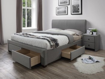 Ліжко полуторная дерев'яна з м'яким узголів'ям і висувними ящиками Modena 140x200 тканину сіра Halmar Польща (з каркасом, без матраца)