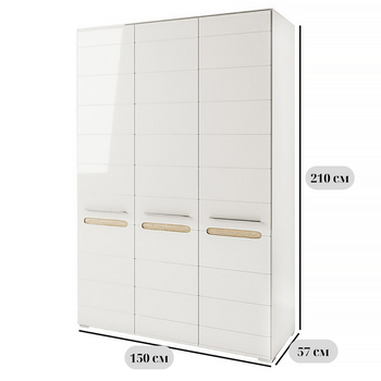 Біла глянцева трьохдверна шафа без дзеркала Б'янко 3Д, 150 см, з вставками з дуба сонома, призначена для спальні