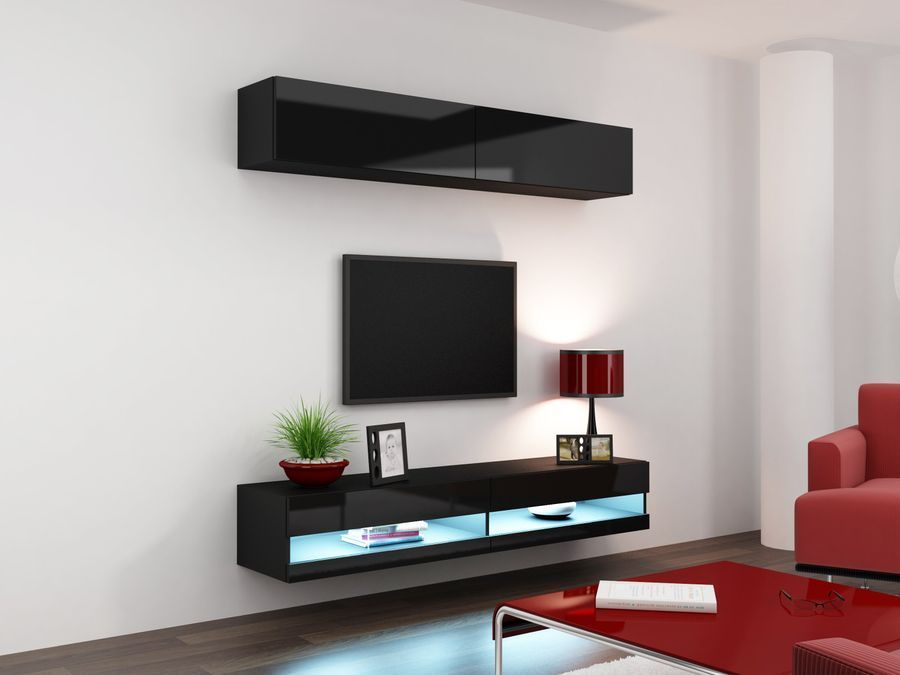Сучасна Стінка в зал, у вітальню з пеналом Cama Vigo New 10 80x250x42 Чорний мат/Чорний глянець фото - artos.in.ua