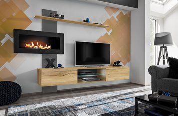Стенка в гостиную с биокамином ASM Flame B ANFS FLB, антрацит, дуб Flagstaff фото - artos.in.ua