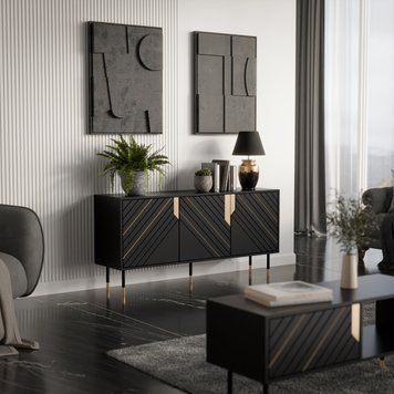 Комод для гостиной CAMA MOUNTAIN 150 3D черный матовый + золотой фото - artos.in.ua