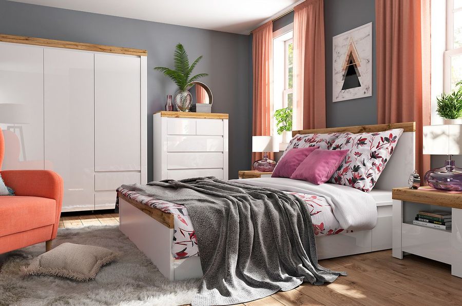 Комплект мебели в спальню Holten BRW белый / дуб вотан / белый глянец Польша
