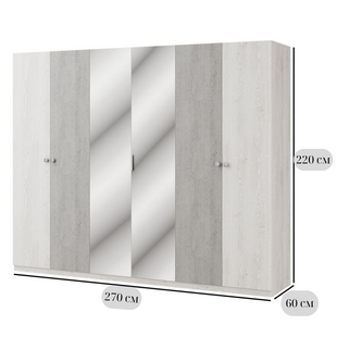 Велика розпашна шафа для спальні з дзеркалом Вівіан 6Д шириною 270 см, світло-сірого кольору з фасадами в стилі індастріал з полицями фото - artos.in.ua