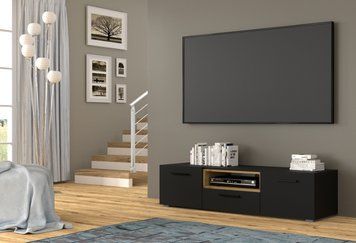 Тумба под телевизор ANETTE 151 см черный мат/дуб артизан на черных ножках BIM Furniture Польша фото - artos.in.ua